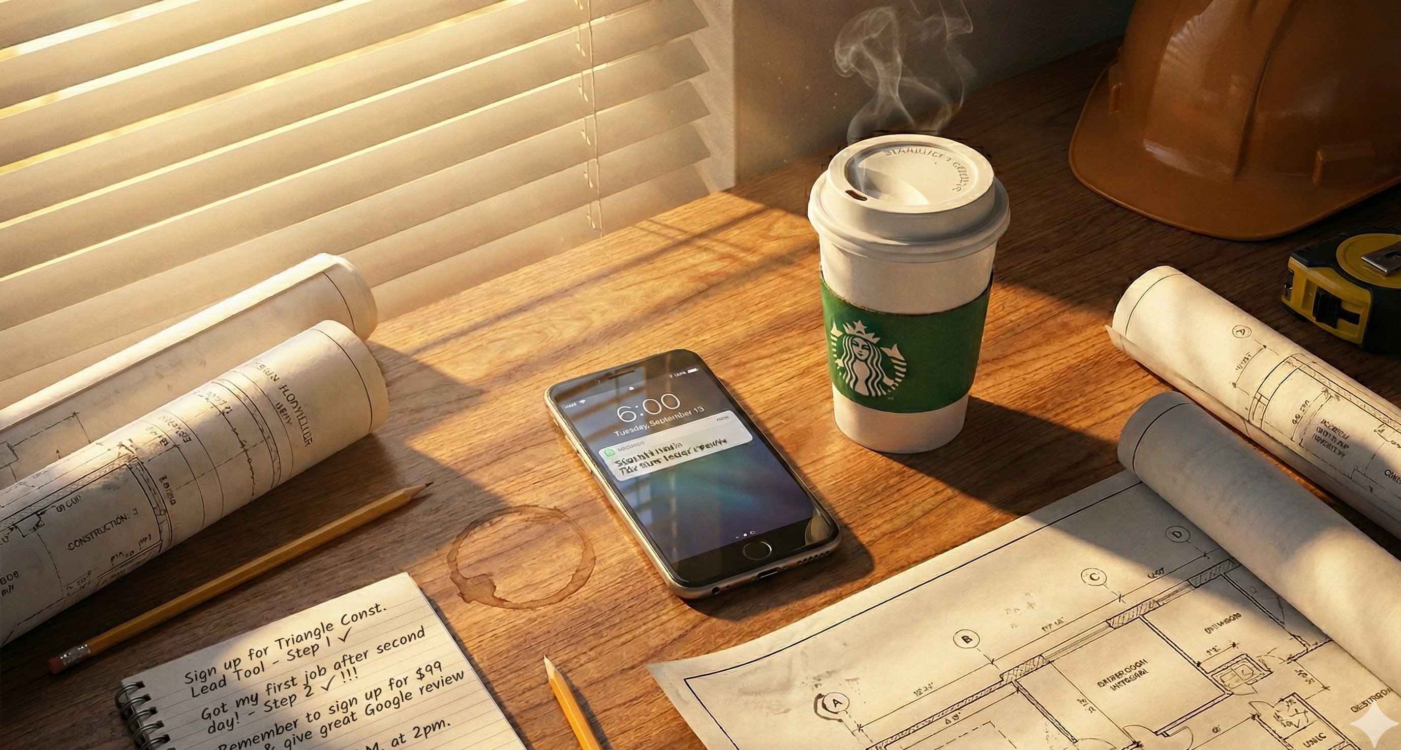 6 AM contractor desk with phone notification and coffee